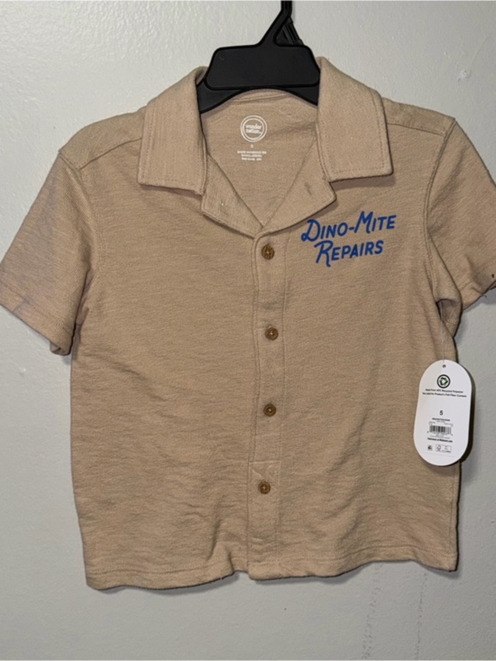 wonder nation Tan Short-Sleeve Button Shirt with Blue 'Dino-Mite Repairs' Logo